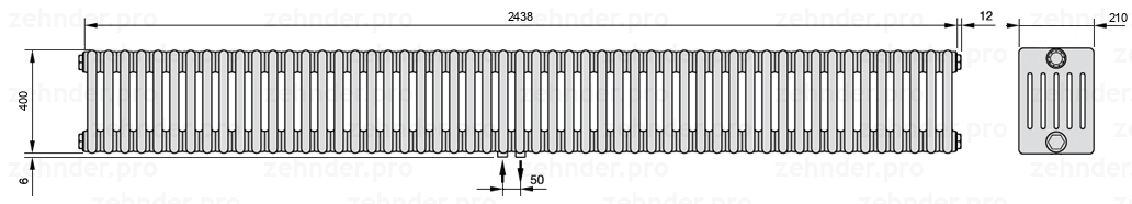 Схема (чертеж) Радиатор Zehnder Charleston 6040/53 №3470 Белый глянцевый RAL 9016